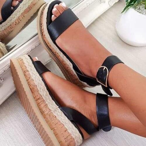 Womens Fashion Sandals PU Thick Bottom Ladies Platform Shoes Buckle Women Shoe Straw Female Footwear Plus Size 2021 New