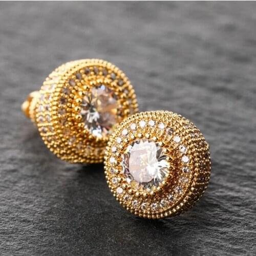 INS Hip Hop AAA+ Cubic Zirconia Bling Ice Out Stud Earring Male Gold Color Copper Round Earrings for Men Rapper Jewelry