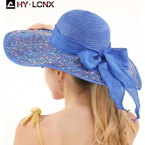 Summer New Fashion Color Hat Brim Bowknot Decoration Sun Hat Womens Outdoor Beach Monochrome Big Brim Straw Hat