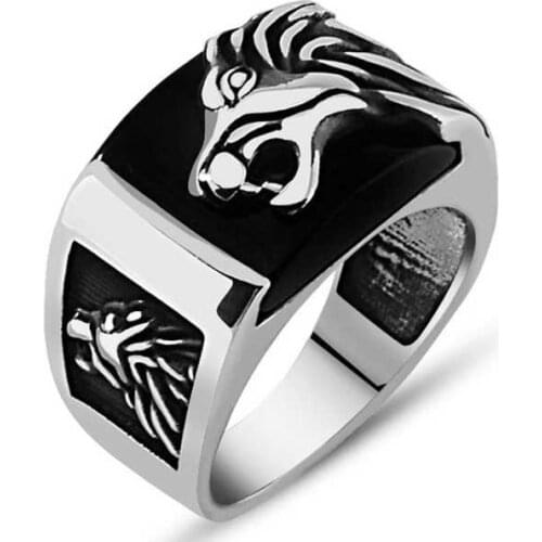 Tevuli 925 Sterling Silver Syah Stone Lion Figures Male Ring