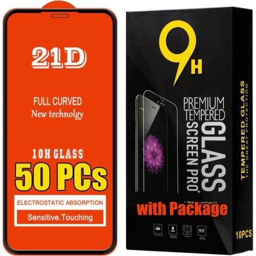 50pcs 21D Full Glue Tempered Glass 9H Screen Protector Film For iPhone 13 Pro Max 12 Mini 11 XS XR X 8 7 6 Plus SE With Package