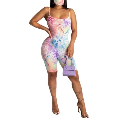 Womens Sports Romper Summer Jumpsuit, Off-Shoulder Tight Elastic Home Gym Sling Wear Dye Printed Shorts