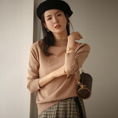 2021 Womens Sweaters Autumn Long Sleeve Thin Round Neck Stretch Matte Blue Knitted Pullover Sweater Loose Female Bottoming Top