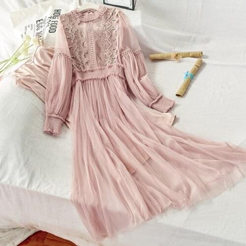 Women Crochet Lace Beading Dress Ladies Christmas Party Elegant Lantern Sleeve Mesh Mid-calf Dress for Party vestidos de natal