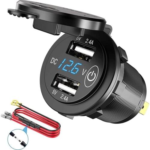 12V USB Outlet, Waterproof 12V/24V 24W 4.8A Dual USB Charger Socket Power Outlet Adapter with LED Voltmeter Switch