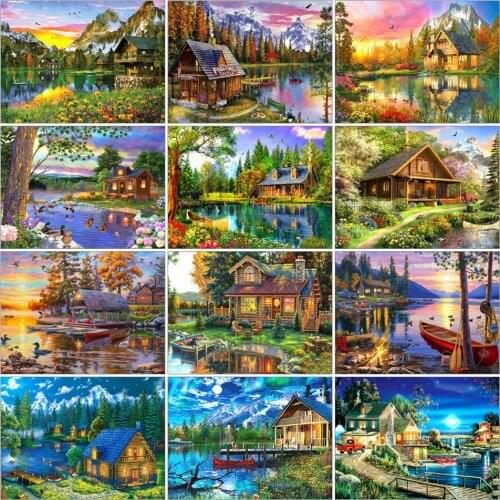 AZQSD Diamond Painting 5d House Cross Stitch Full Square/Round Drill Diy Diamond Embroidery Scenery Lake Handmade Home Decor