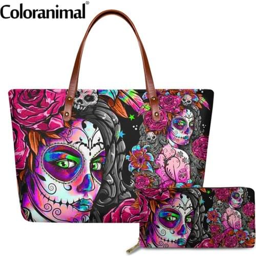 Coloranimal Brand Design Women Tote Shoulder Bags Pretty Sugar Skull Women Handbags for Ladies Large Crossbody Bags&PU Wallets