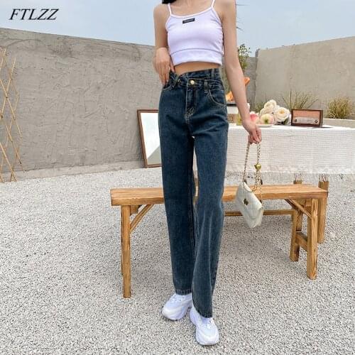 FTLZZ Asymmetrical Waist Vintage Washed Straight Long Denim Pants Summer Women Retro Wide Leg Jeans Chic Ladies Trousers