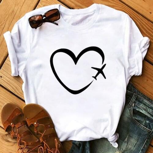 Womens T-shirts T-shirt Ladies Basic Harajuku Short-sleeved Heart Plan Printed T-shirt Casual O-neck Tops Shirts Female