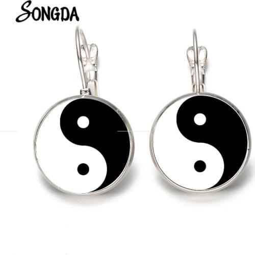 Classic Yin Yang Dangle Earrings Black White Yin Yang Tai Chi Cat Butterfly Print Crystal Cabochon Bronze Plated Earrings