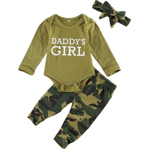 Newborn Baby 3Pcs Outfit Set Letter Prints Long Sleeve Romper+Camouflage Long Pants+Headband/Hat Set for Infant Boys Girls Fall