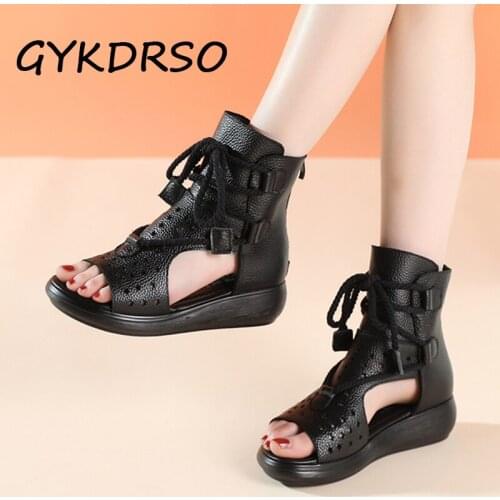GYKDRSOIE Leather Sandal Wedge Heel Fish Mouth Sandal Boots Wear In Summer Cool High-heeled Shoes Worn By Fashionable Women