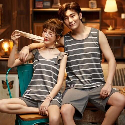 Summer Knitted Cotton Couple Vest Pajamas Set Sleeveless Round Neck Cartoon Casual Soft Plus Size 3XL Lovers Homewear Clothing