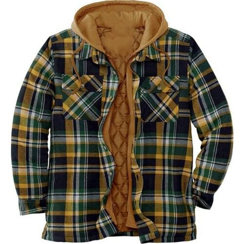Men’s Hooded Quilted Lined Flannel Shirt Jacket Dropshipping Pure Cotton Long Sleeve Plaid Button Up Shirts Plus Size S-5XL