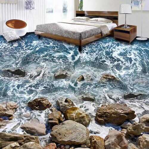 Custom 3D Floor Mural Wallpaper Bathroom Bedroom Wear Non-slip Waterproof Thickened Self-adhesive Sea Stone Spray Floor Sticker