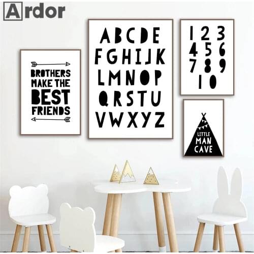 Baby Nursery ABC Alphabet Wall Art Poster and Print Arabic Numerals Canvas Painting Black White Quotes Picture Kids Room Decor