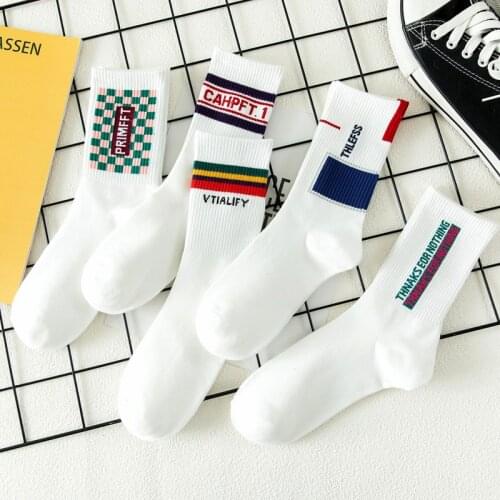 Womens Socks Stripe Plaid White Solid Color Letter Socks Male Ladies Japanese Fashion Harajuku Hip Hop Street Sports Cotton Soc