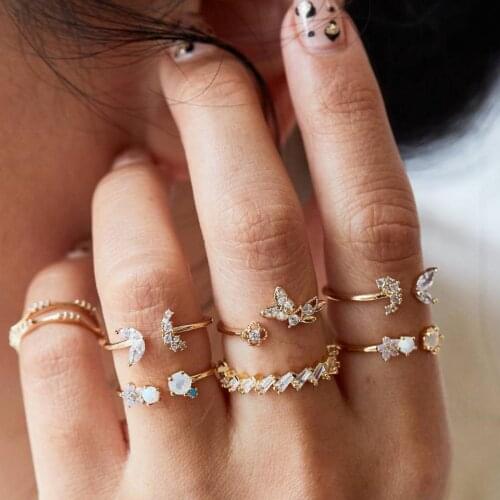 New 7Pcs/ Set Fashion Moon Butterfly Geometric Gold Joint Ring Women Personality Party Ring Set Combination Wedding Jewelry Gift
