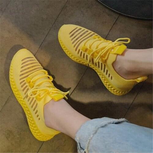 New Women Casual Shoes Fashion Breathable Walking Mesh Lace Up Flat Shoes Sneakers Women Yellow Vulcanized Shoes Tenis Feminino