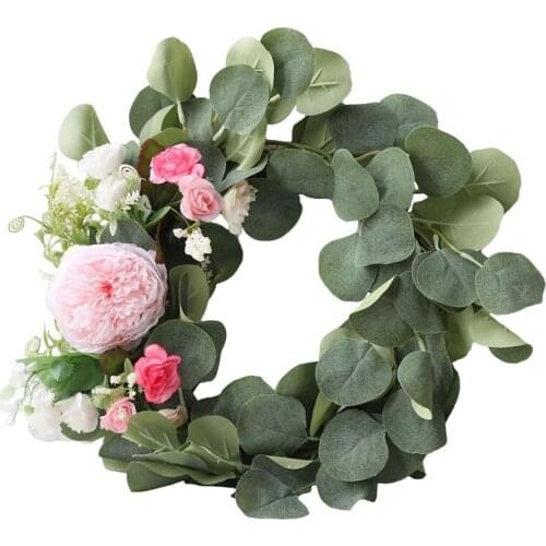 New Artificial Rose Flower Eucalyptus Leaves Wreath for Spring Greenery Wreath for Front Door Wall Window Wedding Home Decor