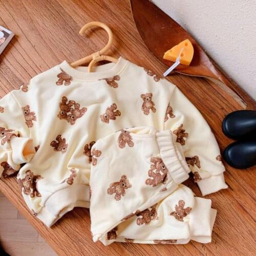2021 Autumn New Kids Baby Bear Print Sweatshirt Set For Boys And Girls Harem Pants Suit Cotton Children Long Sleeve Clothing Set