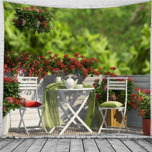 Balcony View Tapestry Landscape Hanging Flower Psychedelic Tapestry Wall Hanging Decor Halloween Deco