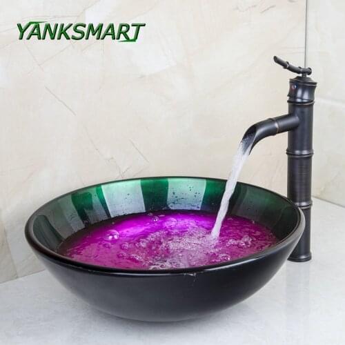 YANKSMART Washbasin Lavatory Tempered Glass Sink + Oil Rubbed Bronze Faucet Bathroom Sink Combo Set With Pop-up Drain Mixer Tap