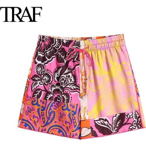TRAF Womens Clothing Summer Rayon Satin Shorts Elastic High Waist Printed Pants Loose Wide Leg Drawstring Sports Shorts