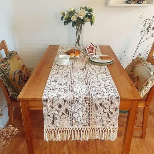 Boho Retro Handmade Tablecloth Table Runner Cotton Crochet Tassels Macrame TV Shoe Cabinet Cover Towel Cover Wedding Decoration