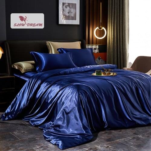SlowDream Dark Blue Satin Silk Bedding Set Silky Duvet Cover Flat Sheet Pillowcase Twin Full Queen King Family Bed Linen Set