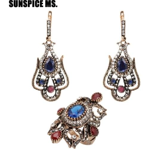 SUNSPICE MS Indian Jewelry Sets Long Dangle Earrings Flower Rings Antique Gold Color Retro Vintage Turkish Wedding Jewelry
