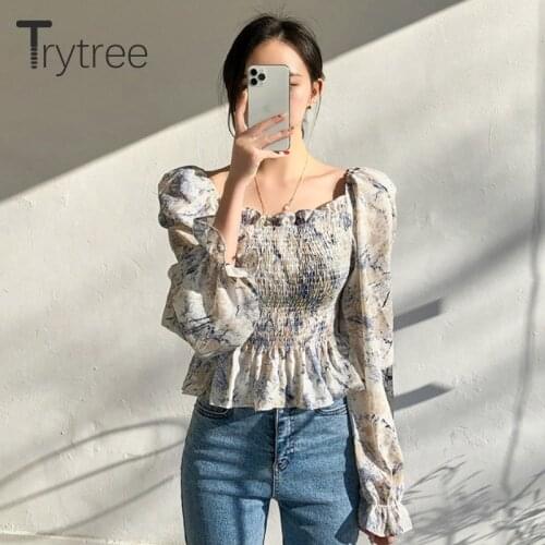 Trytree 2020 Autumn Casual Short Blouse Women Square Collar Elastic Bust Butterfly Sleeve Floral Elegant Womens Shirts Top