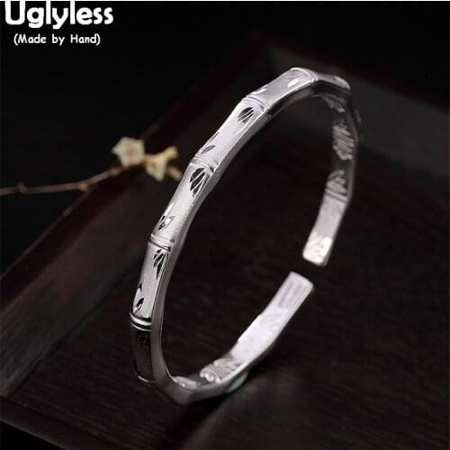 Uglyless 100% Real Solid 999 Fine Silver Pandas Favorite Bamboo Bangles for Women Bamboo Leaves Open Bangle Double-Sided Carved