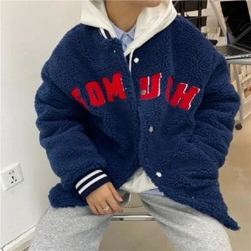 Streetwear Vintage lamb wool baseball uniform winter thick Korean letter embroidery loose long-sleeved jacket women outerwear