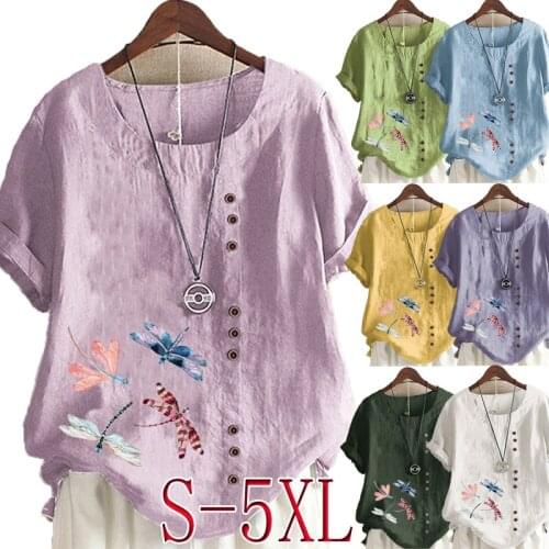 Womens Fashion Solid Color T-shirt Dragonfly Printed Short Sleeve Casual Round Neck Blouse Pullover Tops Ladies Summer Fashion