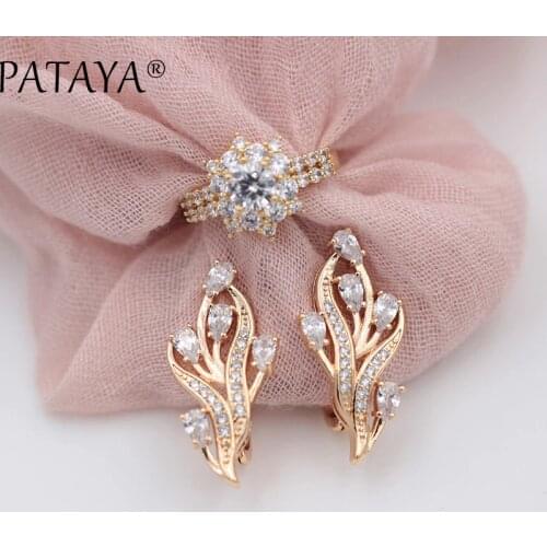 PATAYA New 585 Rose Gold Original Design Women Luxury Party Jewelry White Water Drop Leaf Natural Zircon Big Earrings Rings Sets