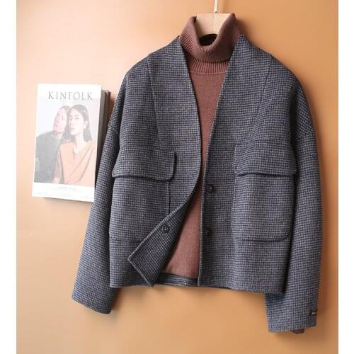 Casual Wool Coat Women Female 2021 Hand-Stitched Wool Double-Sided Plush Coat Plaid Coat Single Breasted