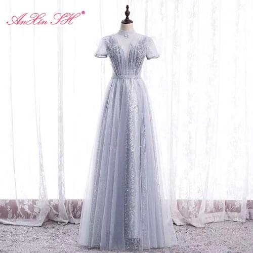 AnXin SH princes grey flower lace evening dress vintage party high neck beading sparkly short sleeve lace up bride evening dress