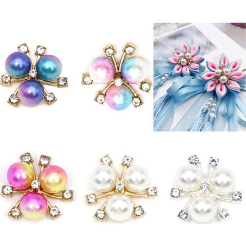 10Pcs Flower Pearl Rhinestone Buttons For Craft Flat Back Gems Decorative Buttons Alloy Diamante Crystal Bow Jewelry Accessories
