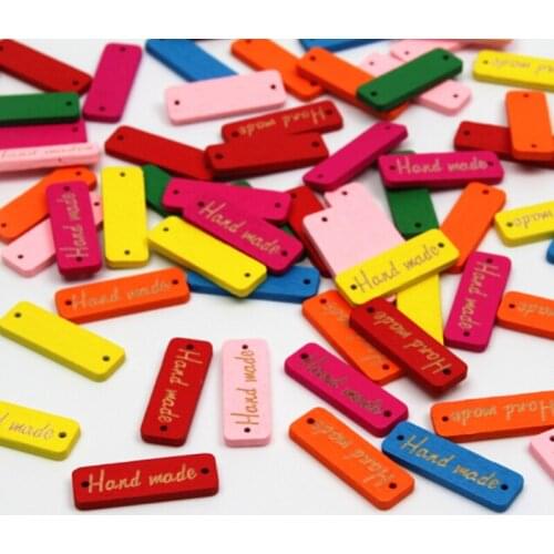 100Pcs Random Mixed Rectangle Painting With "Hand made" 2 Holes Wood Connectors Sewing Diy 30x10mm(B00899)