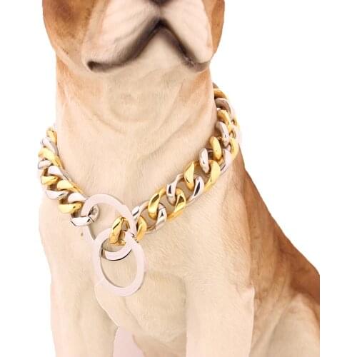 15mm Pet Choke Collar Necklace Silver Color&Gold Cuban Curb Polished Stainless Steel Collar for Dogs Training Daily Use 12-34"