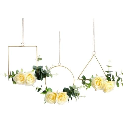 3Pcs Floral Hoop Wreath,Hanging Garland Artificial Silk Rose And Leaves Metal Ring Wreath With LED Light For Wall Decor