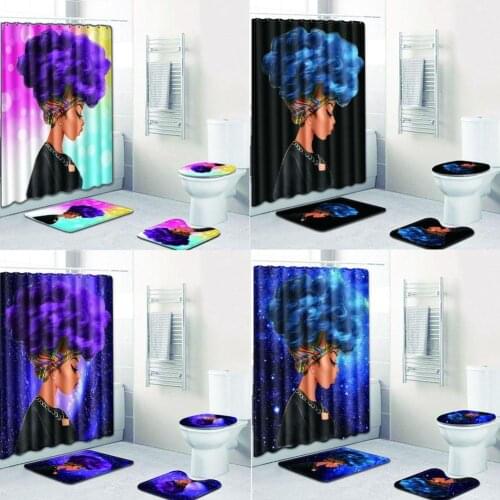 32 African Women Printing Toilet Pad Cover Bath Mat Shower Curtain Set