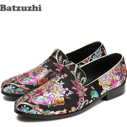 Batzuzhi New Handmade Flowers Print Suede China Style Men Loafers Wedding and Party Men Shoes Fashion Mens Loafers, 38-46