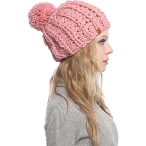 Free Shipping Women Knitted Hand Hook Cap Winter Thickening Warm Hat Girls Fashion Solid Beanie Casual Outdoor Cotton Wool Hats