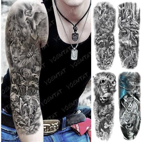Large Arm Sleeve Tattoo Forest Angel Wolf Lion Waterproof Temporary Tatto Sticker Crown Skull Body Art Full Fake Tatoo Women Men