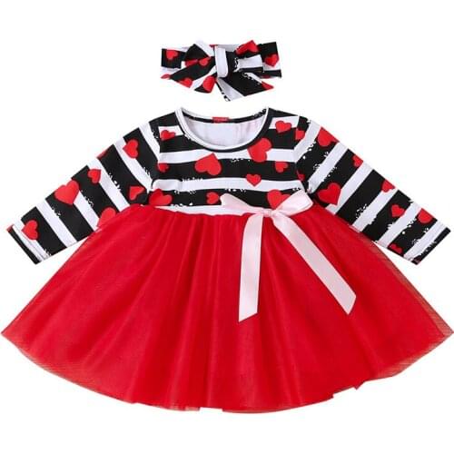 Lovely Dress Kids Baby Girls Cute Valentines Day Heart Print Long Sleeve Princess Party Dress Toddler bow Girl Clothes