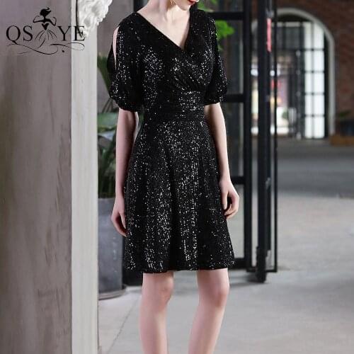 Short Black Sequin Prom Dress Long Sleeves Mini Evening Gown V Neck Party Formal Gown Ruched Stretch Women New Short Dress