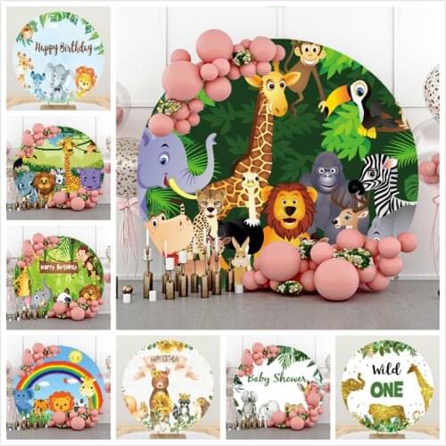 DAWNKNOW Round Circle Elastic Photography Background Backdrop Cartoon Zoo Baby Birthday Party Decoration Photo Studio Customize