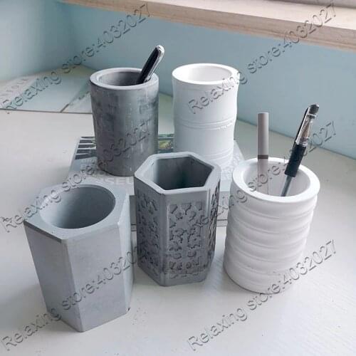 Round Pen Container Holder Plaster Mold Hexagon Succulent Plants Flower Pot Concrete Silicone Molds Cement Clay Mould